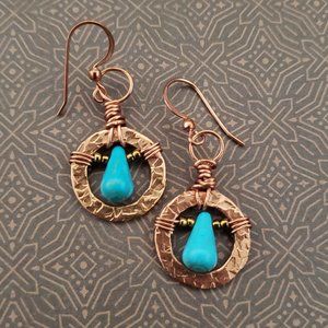 Artisan Hammered Copper and Turquoise Teardrop Wire Wrapped Dangle Earrings | V2